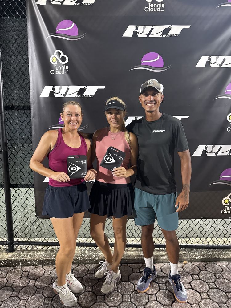 Two RTT League winners with their awards beside Coach Liam