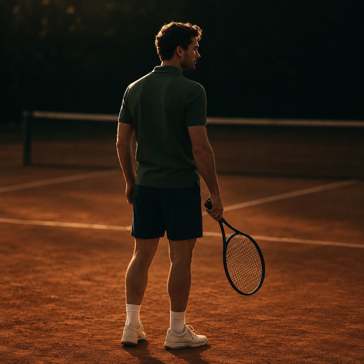 A player standing on a clay court at dusk, racket in hand, looking across the net